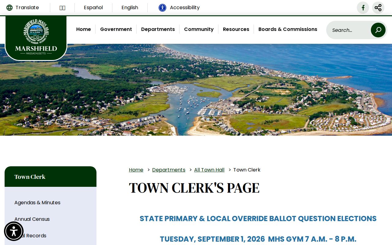 Marshfield resident records Town Clerk records page