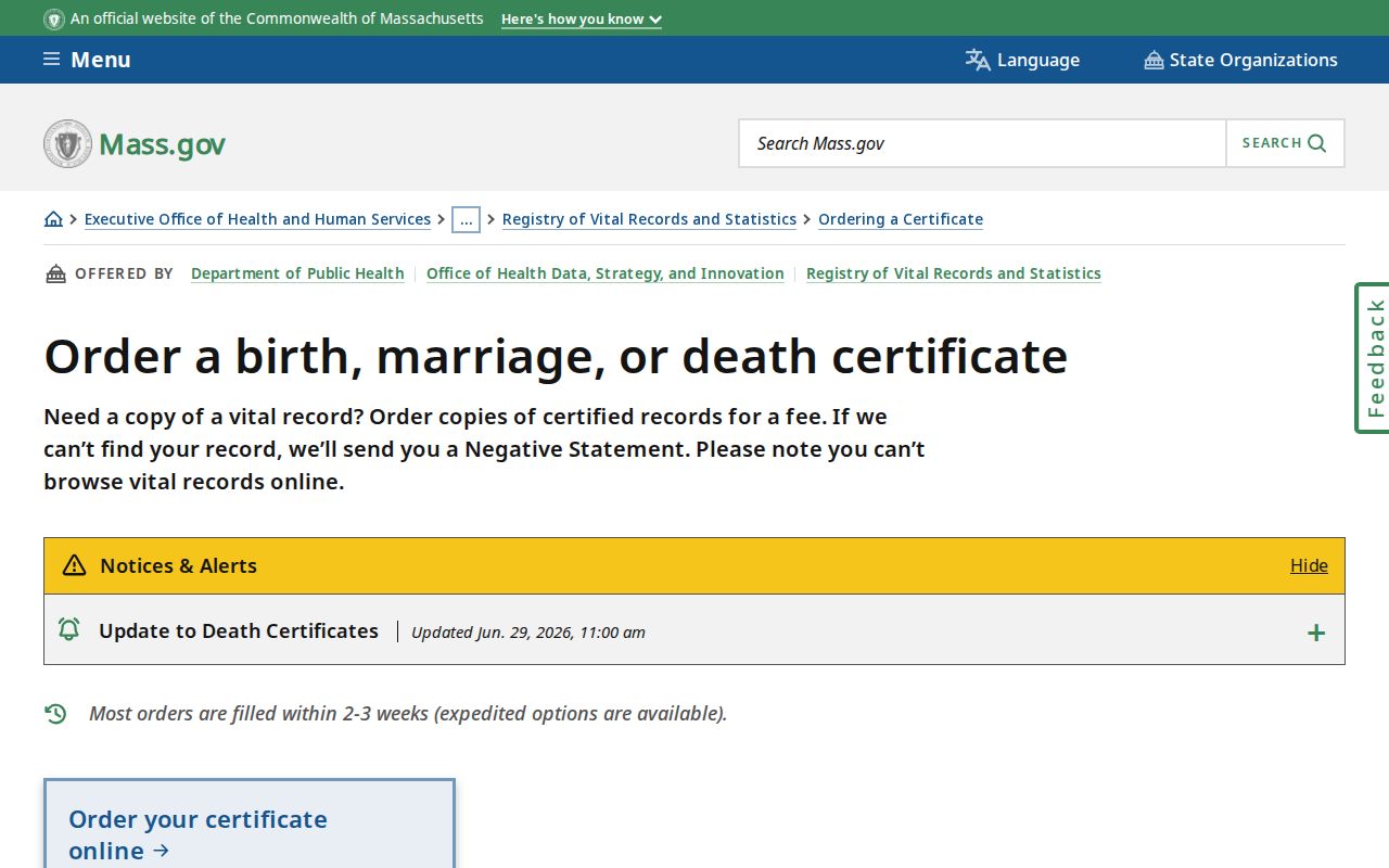 Marshfield resident records Massachusetts vital-record ordering