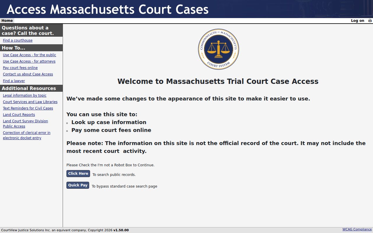 Marshfield resident records MassCourts access screen